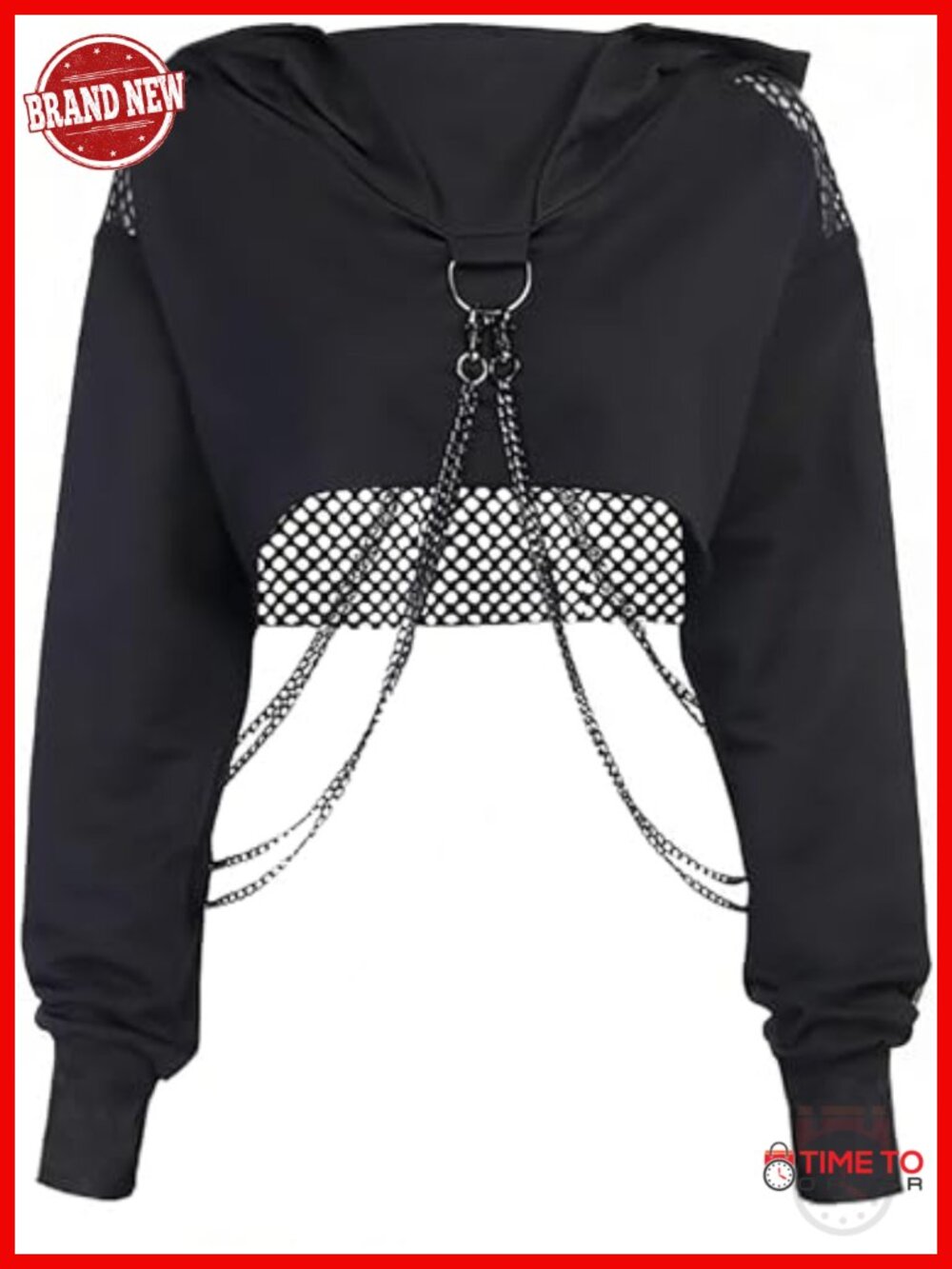 Gothic Long Sleeve Crop Hoodie Sweatshirt with Chain Punk Print
